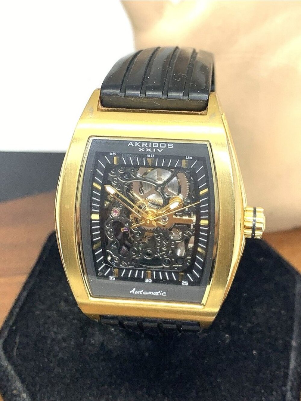 Akribos Men's Watch Automatic Gold Black Skeleton Dial Black Rubber Strap 40mm